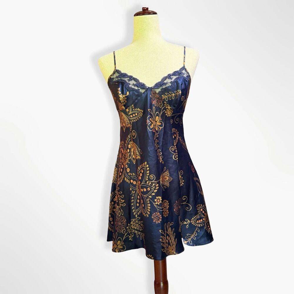 Victoria's Secret, Y2K Lingerie Blue Gold Paisley Satin Flare Slip Dress, L Boho